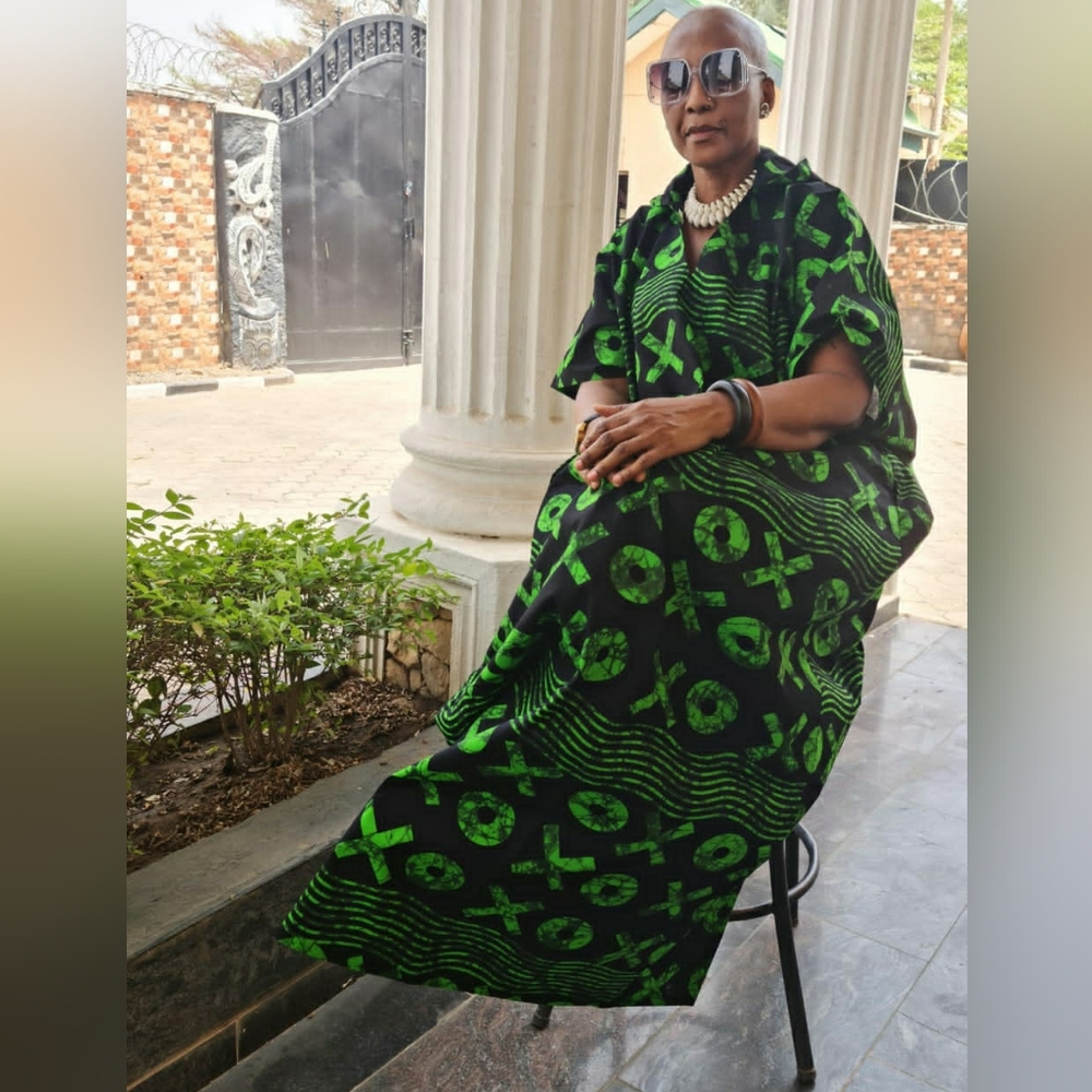 Green and Black Patterned Batik Print  hoodie Caftan  Dress
